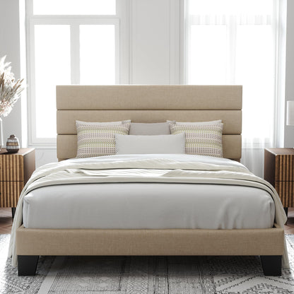 Allewie Queen Size Platform Bed Frame with Fabric Upholstered Headboard and Wooden Slats Support, Fully Upholstered Mattress Foundation/No Box Spring Needed/Easy Assembly, Dark Grey