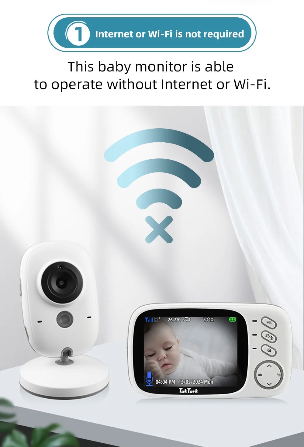 TakTark 3.2" Wireless Video Baby Monitor - Night Vision, Two-Way Audio & Temperature Monitor