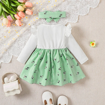 Baby Girl Princess Dress Set with Bow Headband - Floral Color Block Outfit (0-24M)