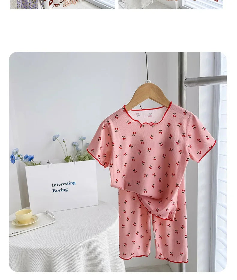 Summer Girls Loungewear Set - Floral Short Sleeve Top & Pants Pajamas (2-Piece)