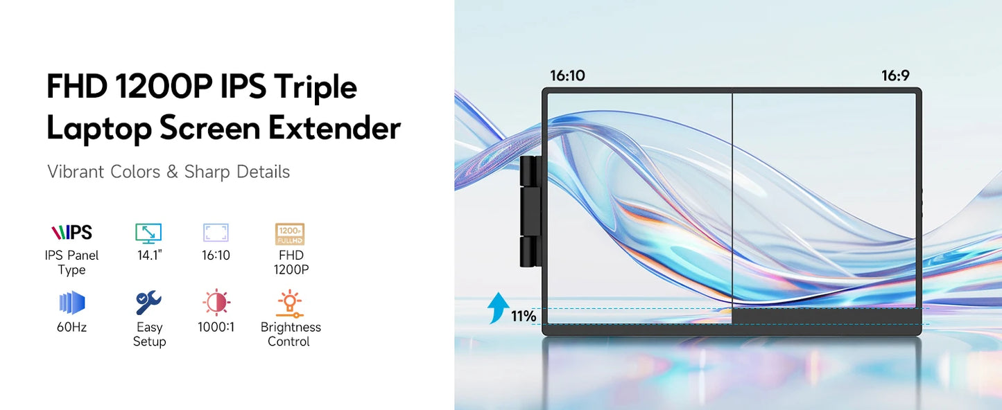 14.1" Laptop Screen Extender - Dual/Triple FHD Monitor for Windows & MacBook
