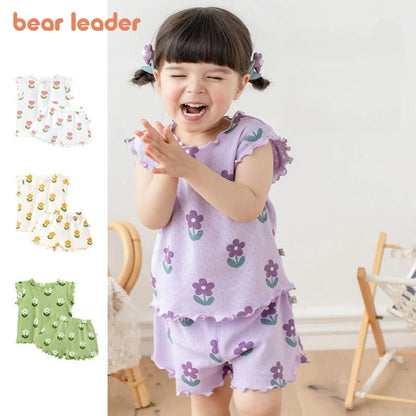 Bear Leader Summer Pajama Set - Girls Floral Short Sleeve Top & Shorts (3-7 Years)