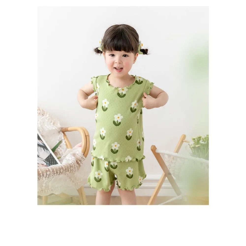 Bear Leader Summer Pajama Set - Girls Floral Short Sleeve Top & Shorts (3-7 Years)