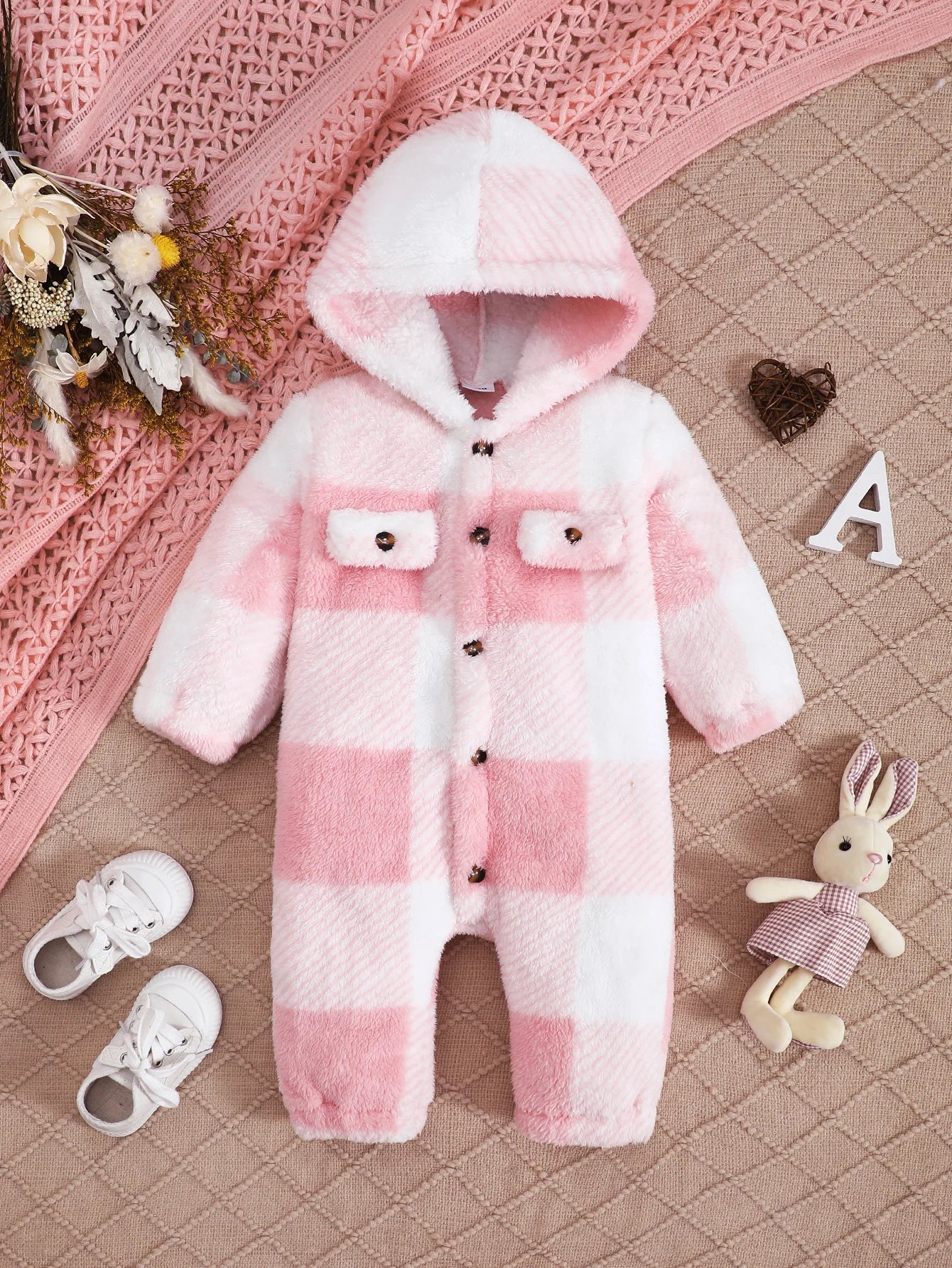 Baby Plaid Romper - Hooded Long Sleeve Plush Jumpsuit for Boys & Girls (3-24 Months)