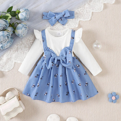 Baby Girl Princess Dress Set with Bow Headband - Floral Color Block Outfit (0-24M)