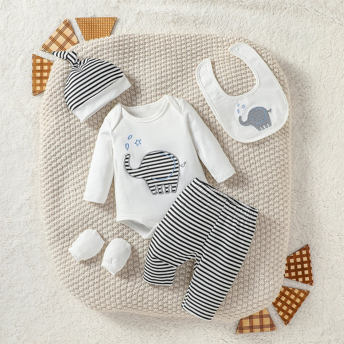 Baby Boy Elephant 4-Piece Outfit Set - Newborn Pantsuit, Hat, Gloves & Bib (1-3M)