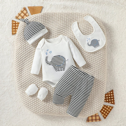 Baby Boy Elephant 4-Piece Outfit Set - Newborn Pantsuit, Hat, Gloves & Bib (1-3M)