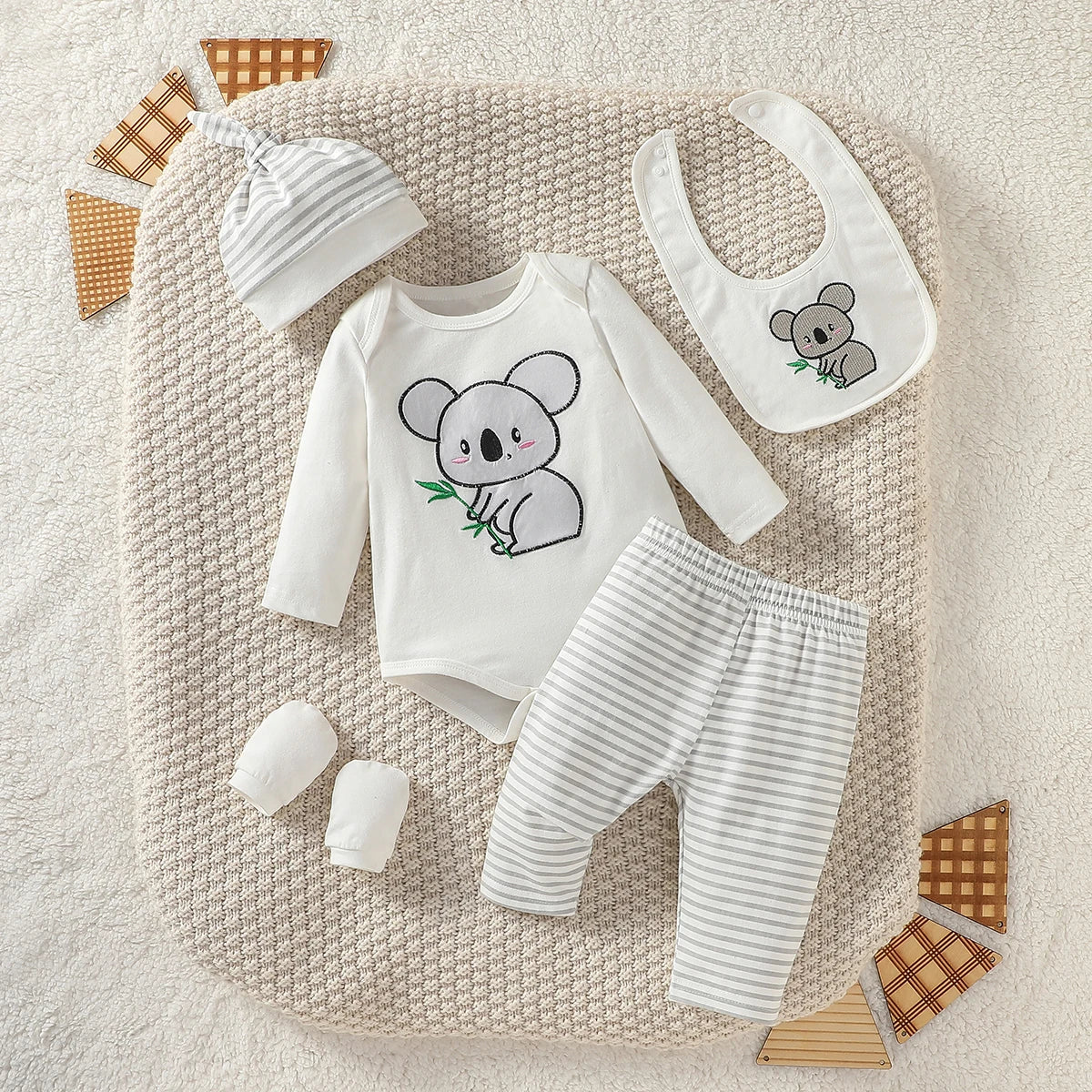 Baby Boy Elephant 4-Piece Outfit Set - Newborn Pantsuit, Hat, Gloves & Bib (1-3M)