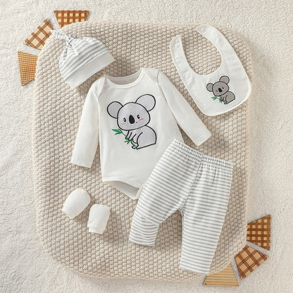Baby Boy Elephant 4-Piece Outfit Set - Newborn Pantsuit, Hat, Gloves & Bib (1-3M)