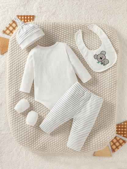 Baby Boy Elephant 4-Piece Outfit Set - Newborn Pantsuit, Hat, Gloves & Bib (1-3M)