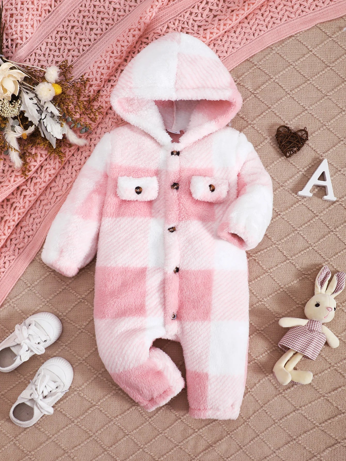 Baby Plaid Romper - Hooded Long Sleeve Plush Jumpsuit for Boys & Girls (3-24 Months)
