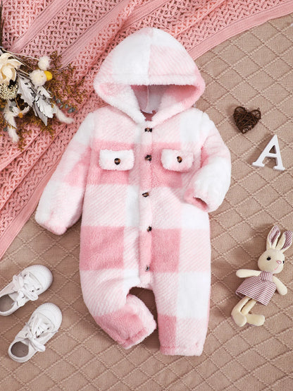 Baby Plaid Romper - Hooded Long Sleeve Plush Jumpsuit for Boys & Girls (3-24 Months)