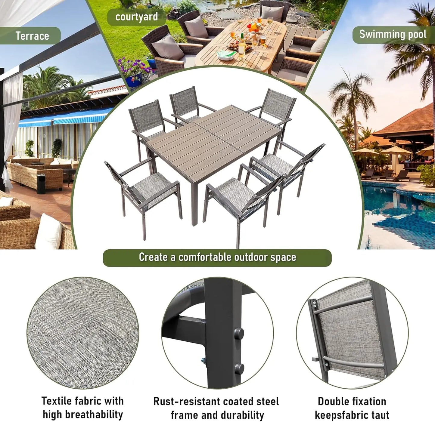 7 Piece Patio Dining Outdoor Furniture Set for Garden,