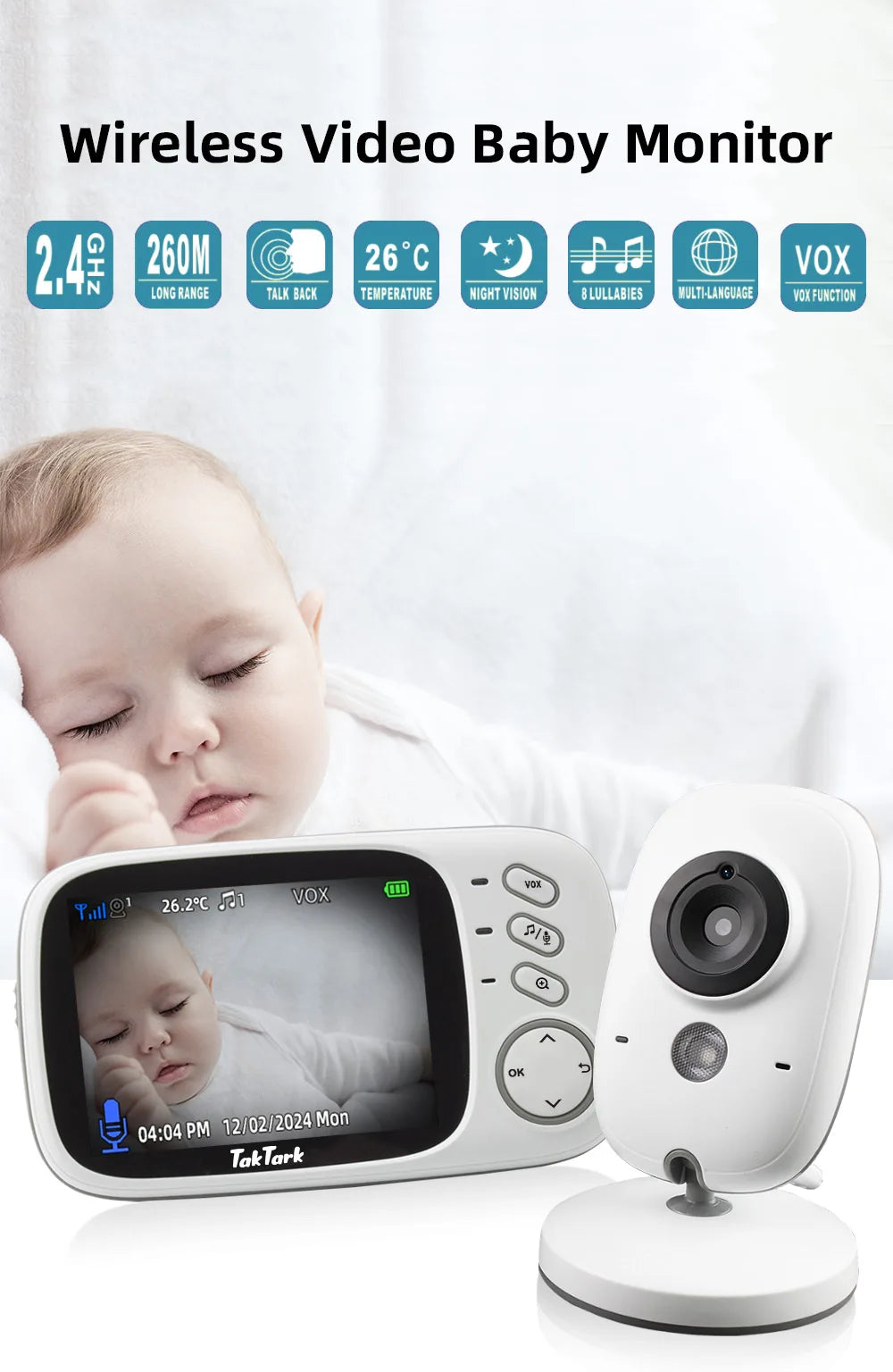 TakTark 3.2" Wireless Video Baby Monitor - Night Vision, Two-Way Audio & Temperature Monitor