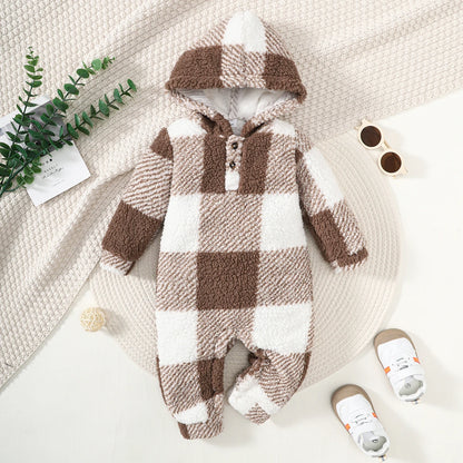 Baby Plaid Romper - Hooded Long Sleeve Plush Jumpsuit for Boys & Girls (3-24 Months)