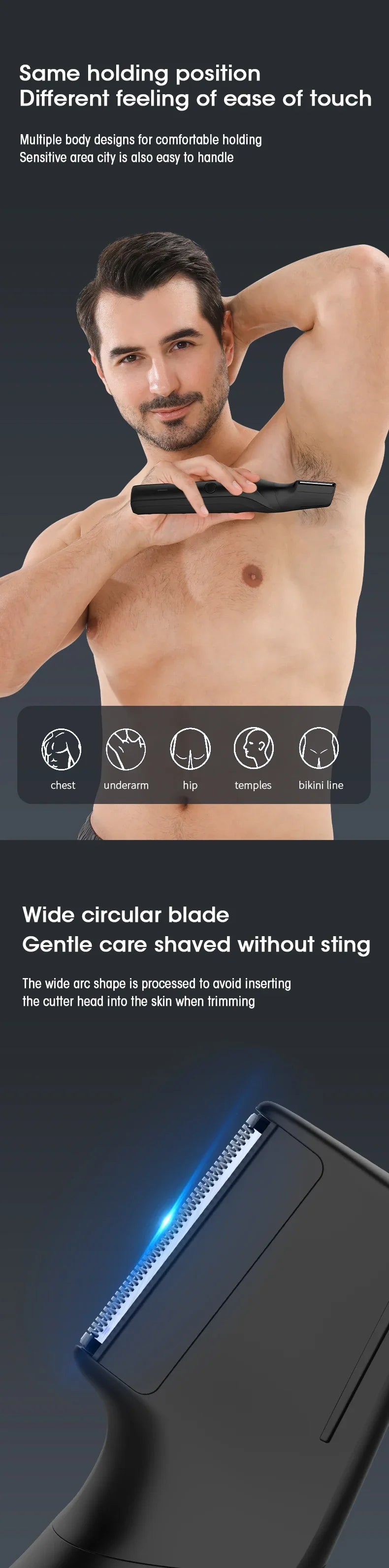 Electric Body Hair Trimmer for Men - Cordless Waterproof Groin & Body Groomer
