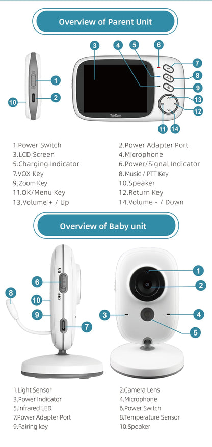 TakTark 3.2" Wireless Video Baby Monitor - Night Vision, Two-Way Audio & Temperature Monitor