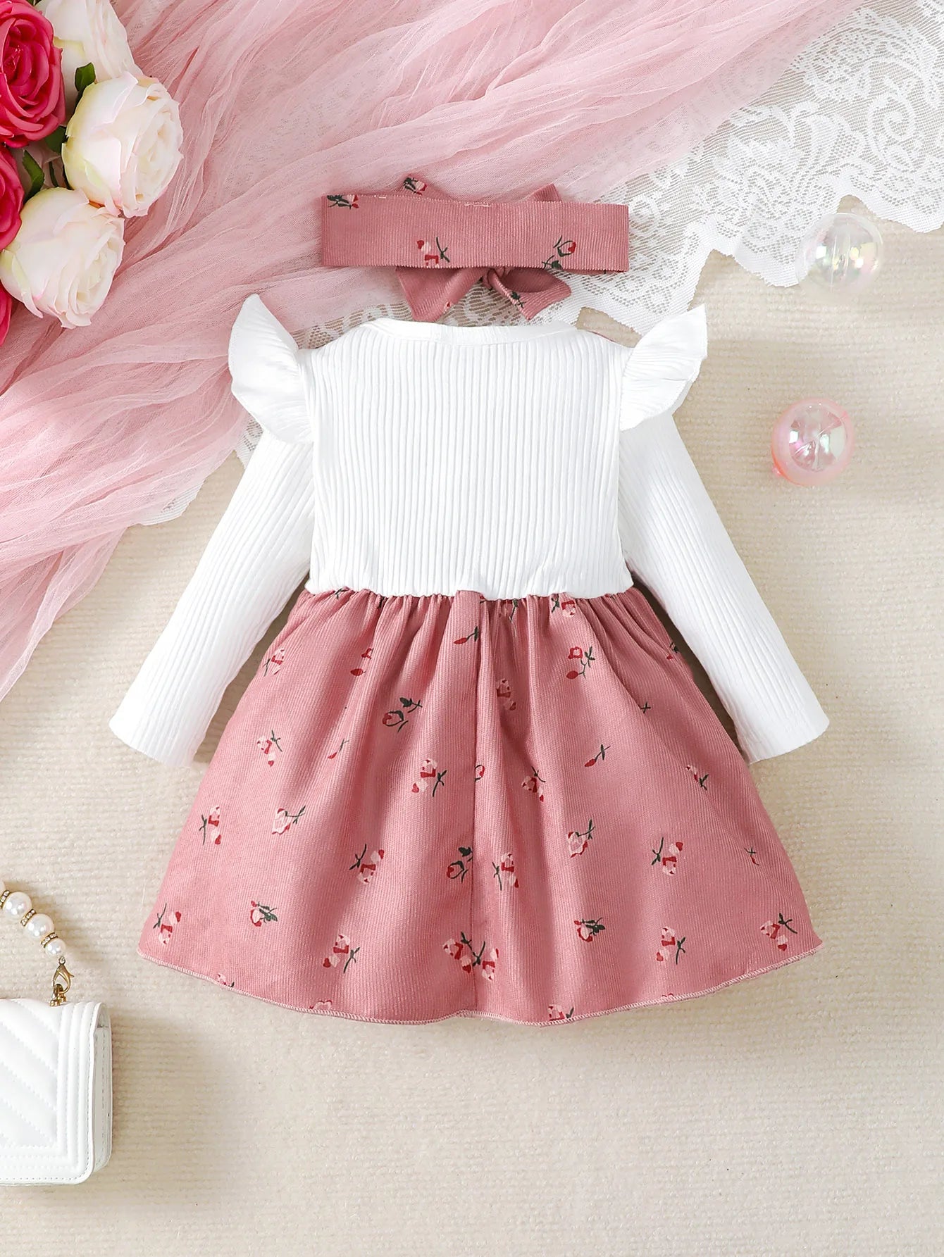 Baby Girl Princess Dress Set with Bow Headband - Floral Color Block Outfit (0-24M)