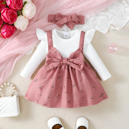 Baby Girl Princess Dress Set with Bow Headband - Floral Color Block Outfit (0-24M)