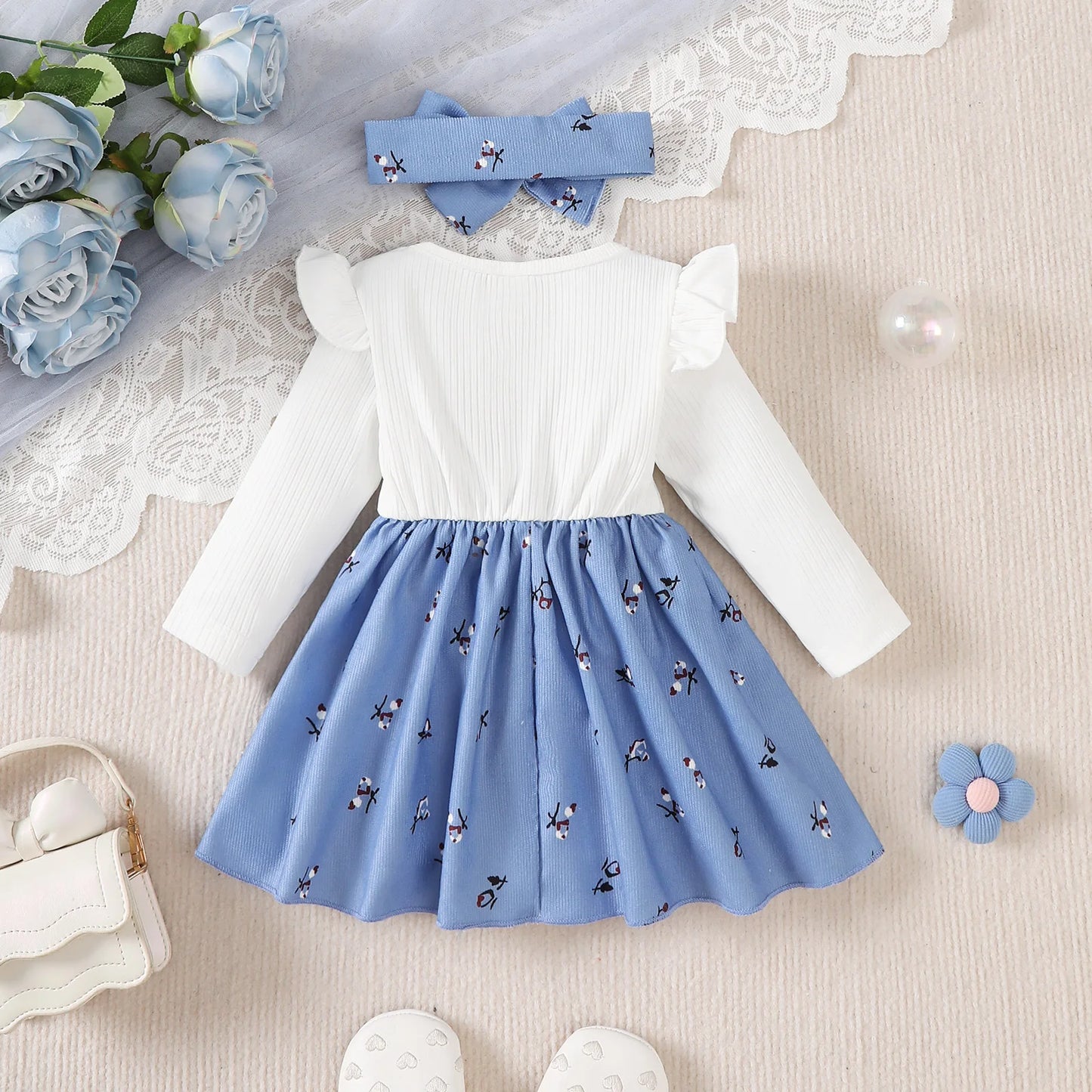 Baby Girl Princess Dress Set with Bow Headband - Floral Color Block Outfit (0-24M)