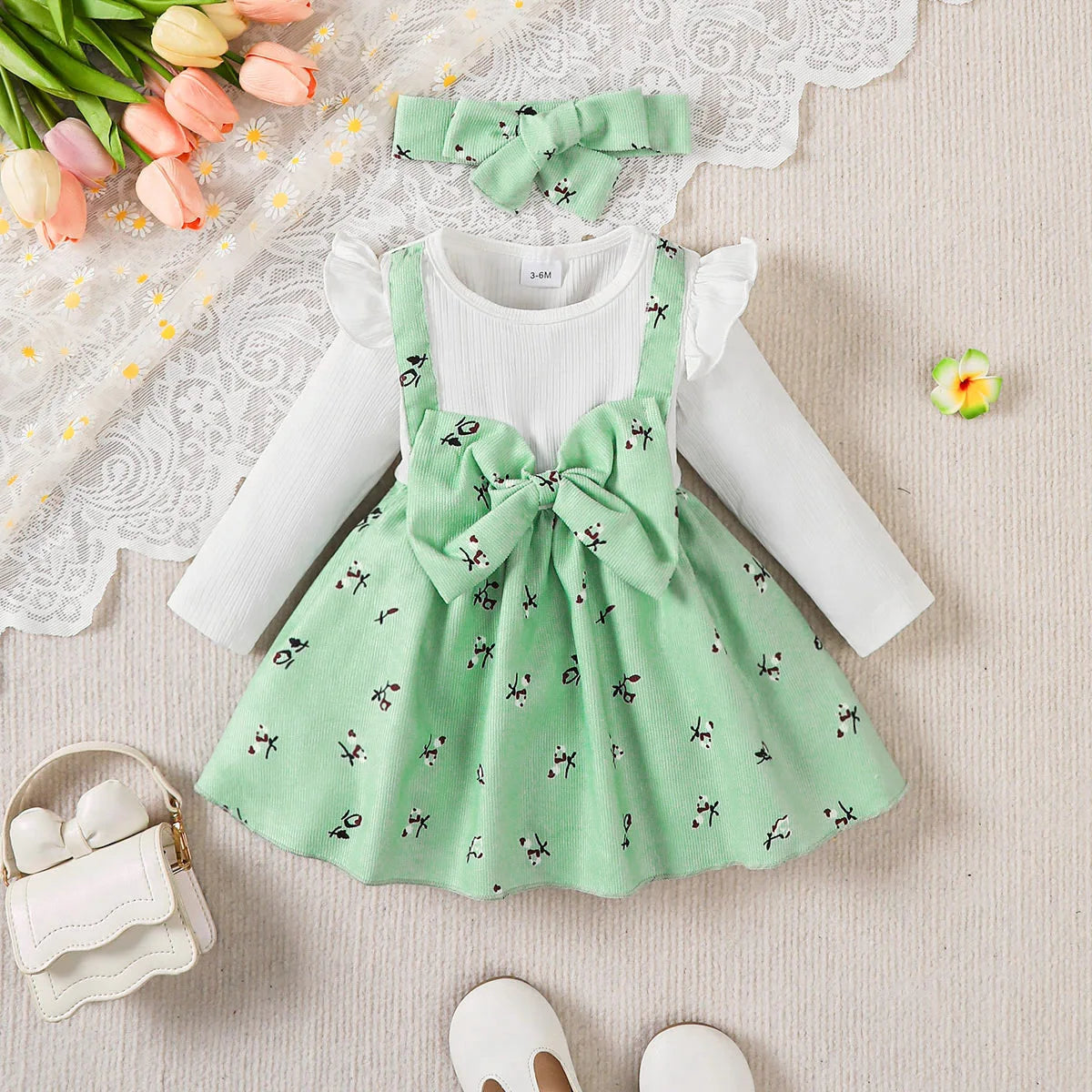 Baby Girl Princess Dress Set with Bow Headband - Floral Color Block Outfit (0-24M)