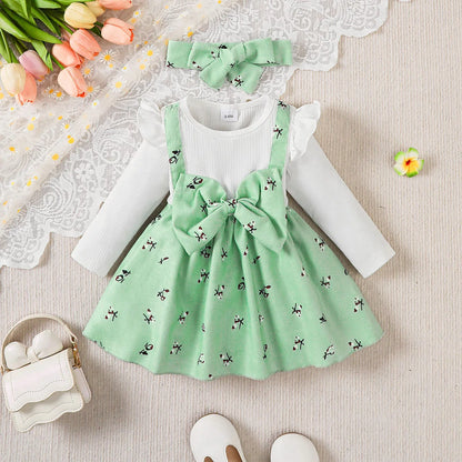 Baby Girl Princess Dress Set with Bow Headband - Floral Color Block Outfit (0-24M)
