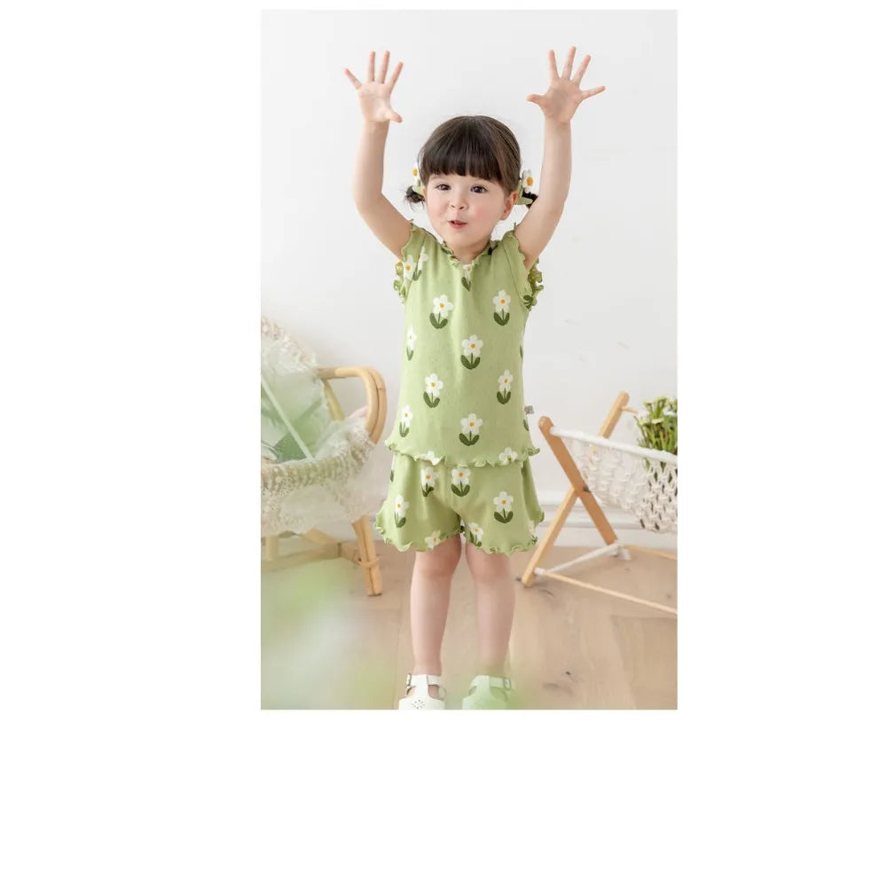 Bear Leader Summer Pajama Set - Girls Floral Short Sleeve Top & Shorts (3-7 Years)