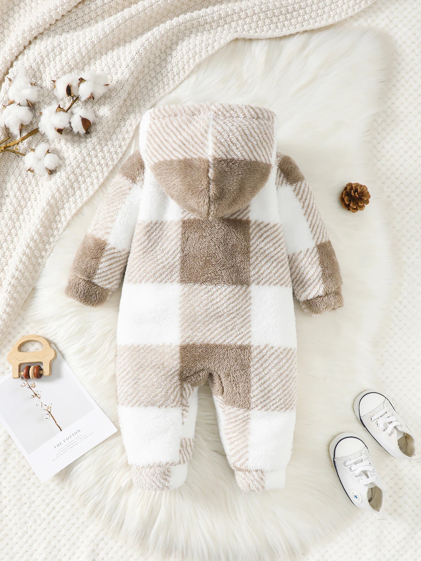 Baby Plaid Romper - Hooded Long Sleeve Plush Jumpsuit for Boys & Girls (3-24 Months)