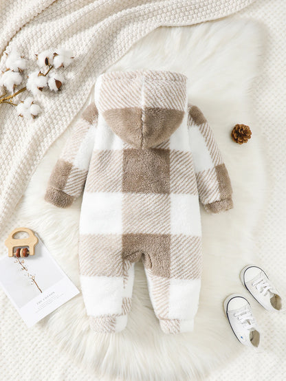 Baby Plaid Romper - Hooded Long Sleeve Plush Jumpsuit for Boys & Girls (3-24 Months)