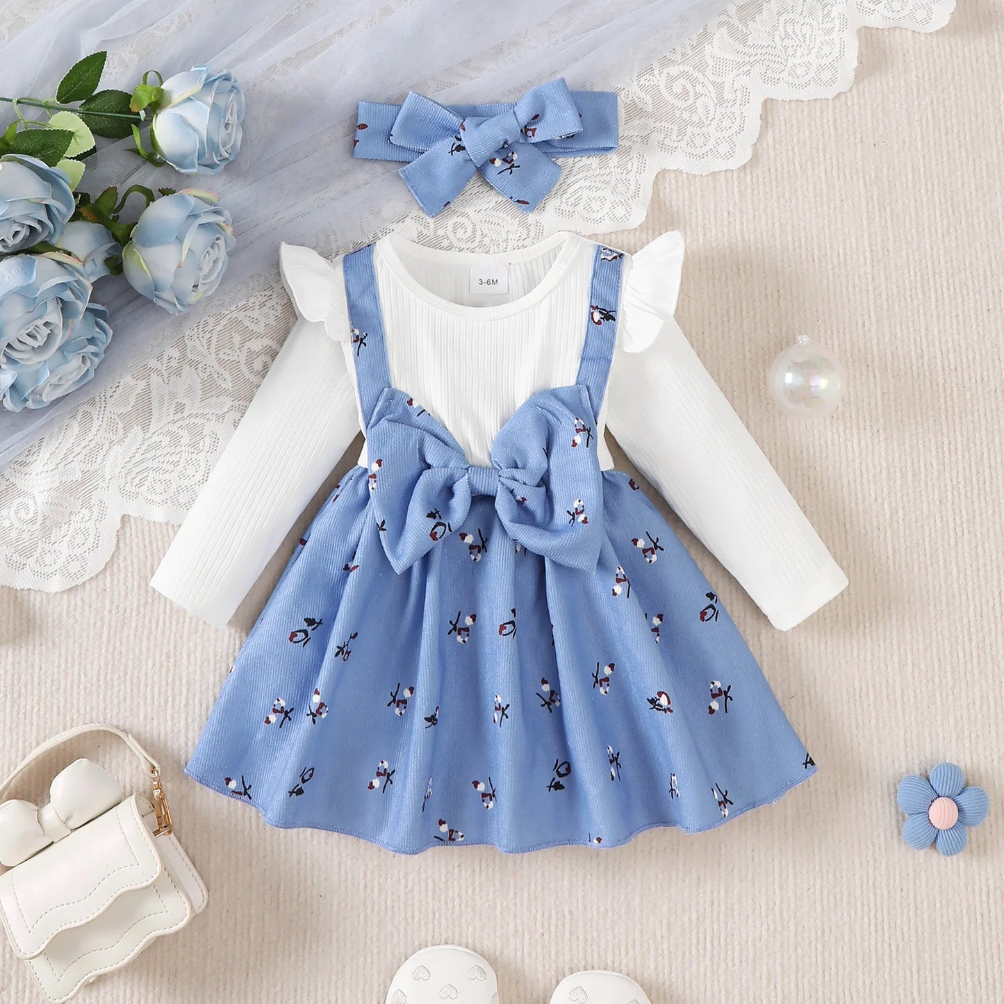 Baby Girl Princess Dress Set with Bow Headband - Floral Color Block Outfit (0-24M)