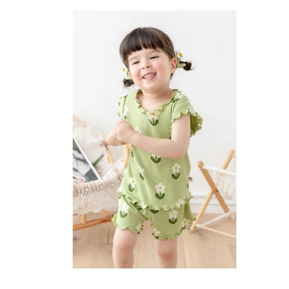 Bear Leader Summer Pajama Set - Girls Floral Short Sleeve Top & Shorts (3-7 Years)