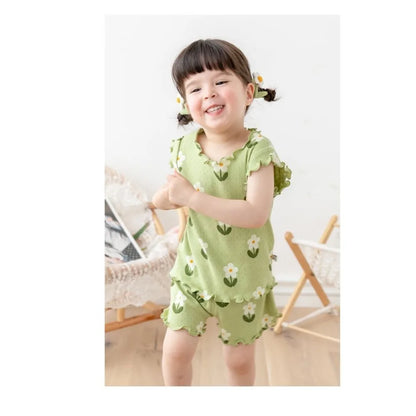 Bear Leader Summer Pajama Set - Girls Floral Short Sleeve Top & Shorts (3-7 Years)