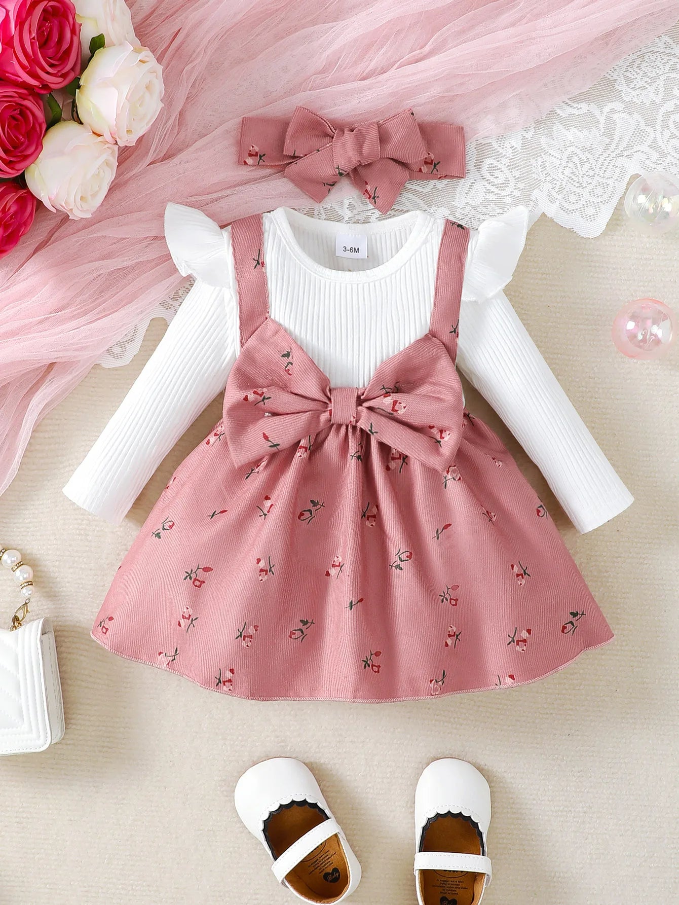 Baby Girl Princess Dress Set with Bow Headband - Floral Color Block Outfit (0-24M)