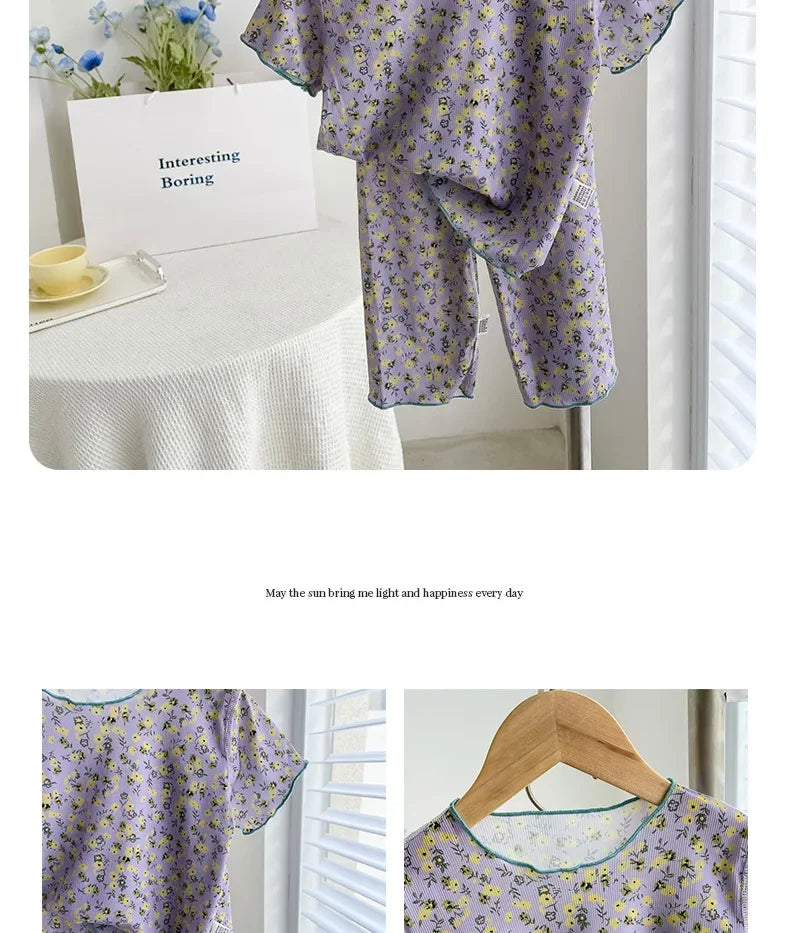 Summer Girls Loungewear Set - Floral Short Sleeve Top & Pants Pajamas (2-Piece)