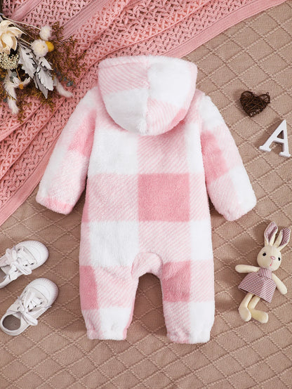 Baby Plaid Romper - Hooded Long Sleeve Plush Jumpsuit for Boys & Girls (3-24 Months)